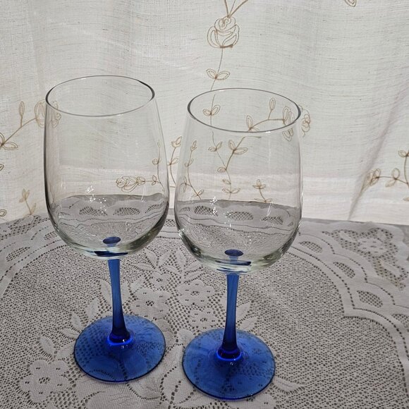 Vina Blue Libbey Red Wine Goblet 9" blown glass 17oz set of 2 stylish romantic - Picture 6 of 8